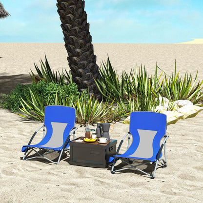 Set Of 2 Folding Beach Chairs With Mesh Back. Carry Bag And Cup Holder For Outdoor Camping Lawn Sports Picnic Dark Blue
