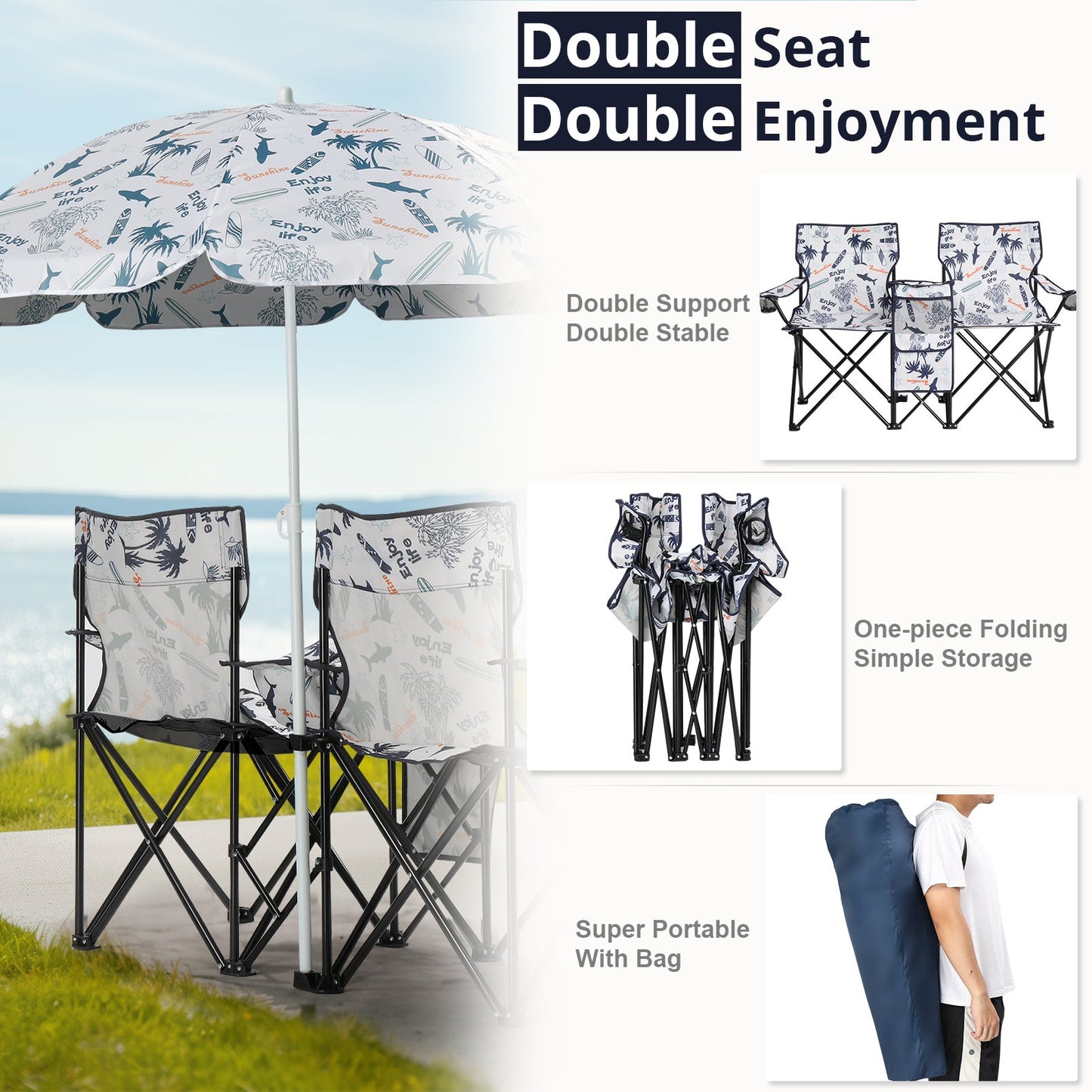 59x19.6x31in. Coconut Tree Pattern. Fishing Chair With Parasol. Camping Chairs