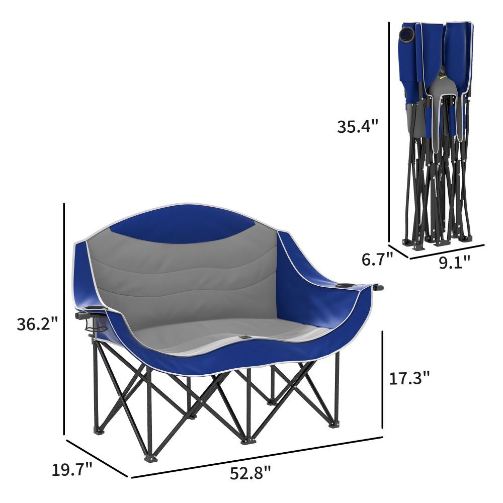 Padded Folding Camp Chair For Adults. Double Camping Chair With Armrests. Cup Holders. Carry Bag For Outdoor. Blue