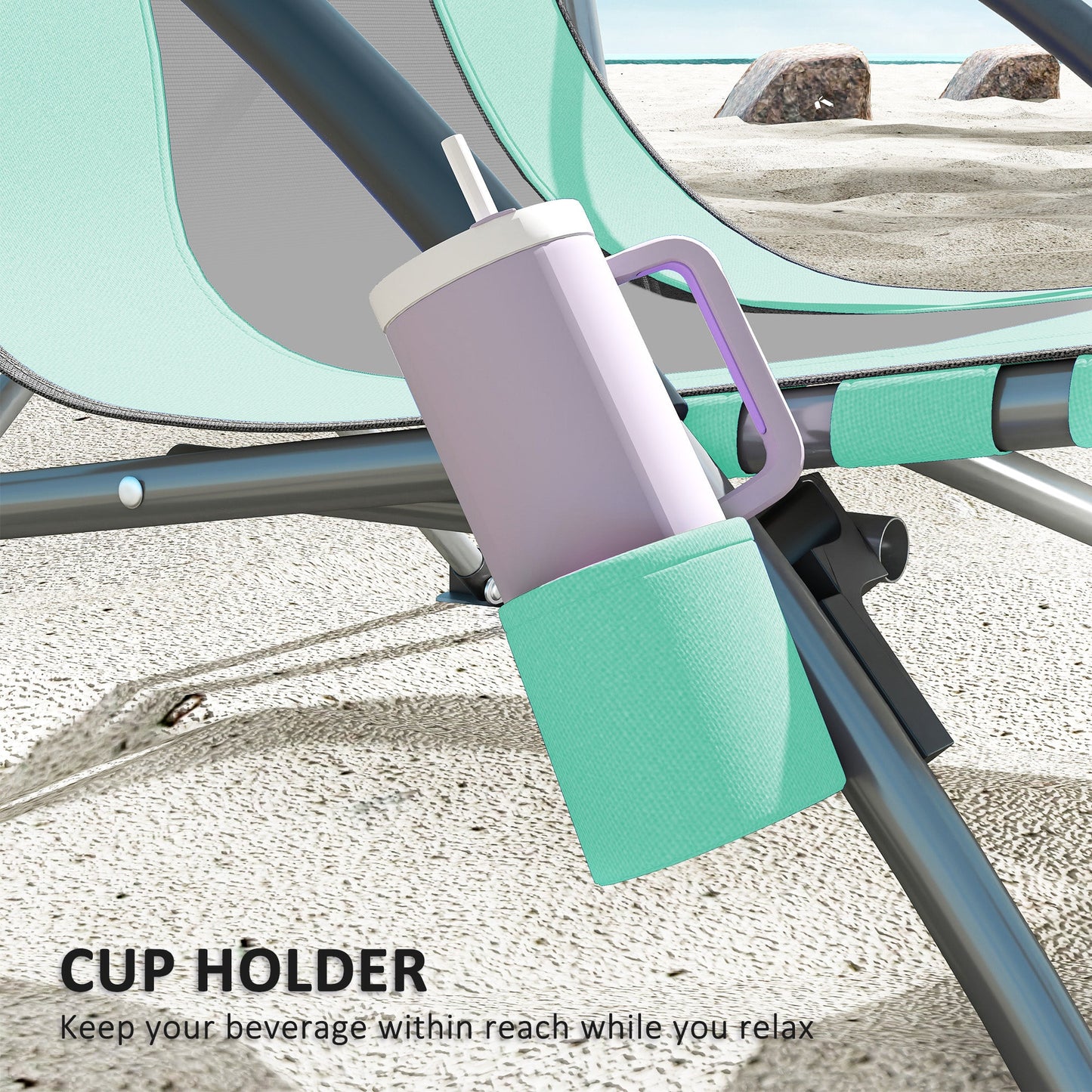 Set Of 2 Folding Beach Chairs With Mesh Back. Carry Bag And Cup Holder For Outdoor Camping Lawn Sports Picnic Turquoise