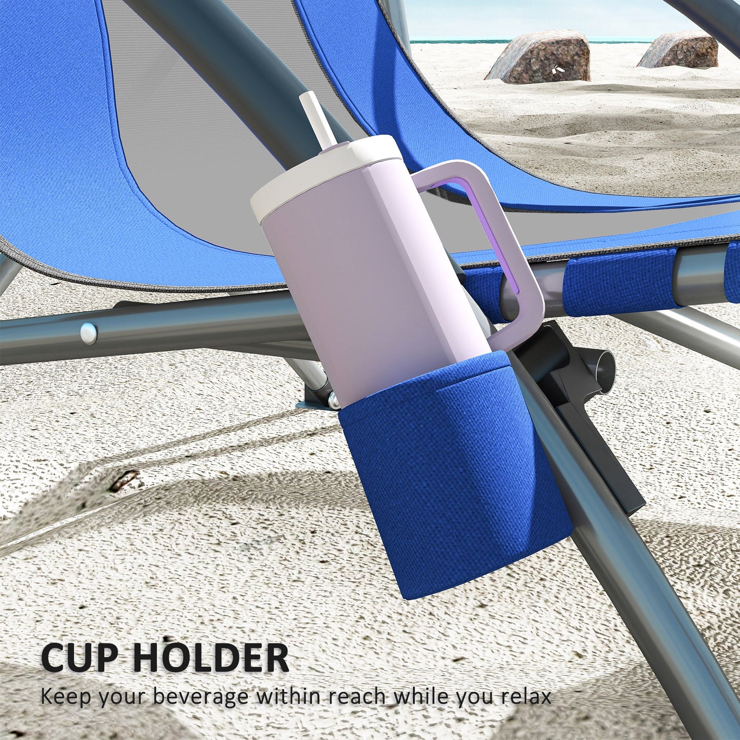 Set Of 2 Folding Beach Chairs With Mesh Back. Carry Bag And Cup Holder For Outdoor Camping Lawn Sports Picnic Dark Blue