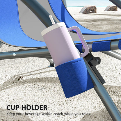 Set Of 2 Folding Beach Chairs With Mesh Back. Carry Bag And Cup Holder For Outdoor Camping Lawn Sports Picnic Dark Blue
