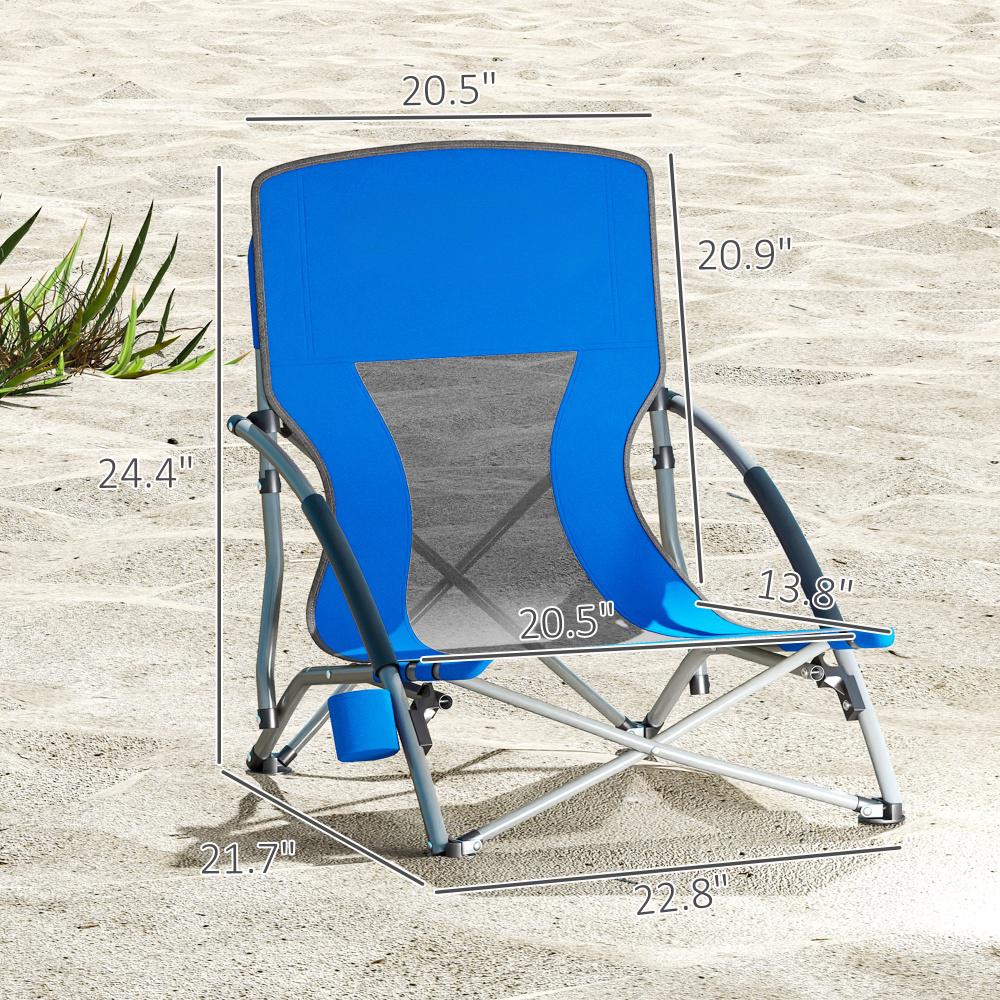 Set Of 2 Folding Beach Chairs With Mesh Back. Carry Bag And Cup Holder For Outdoor Camping Lawn Sports Picnic Dark Blue