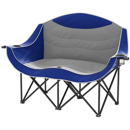 Padded Folding Camp Chair For Adults. Double Camping Chair With Armrests. Cup Holders. Carry Bag For Outdoor. Blue