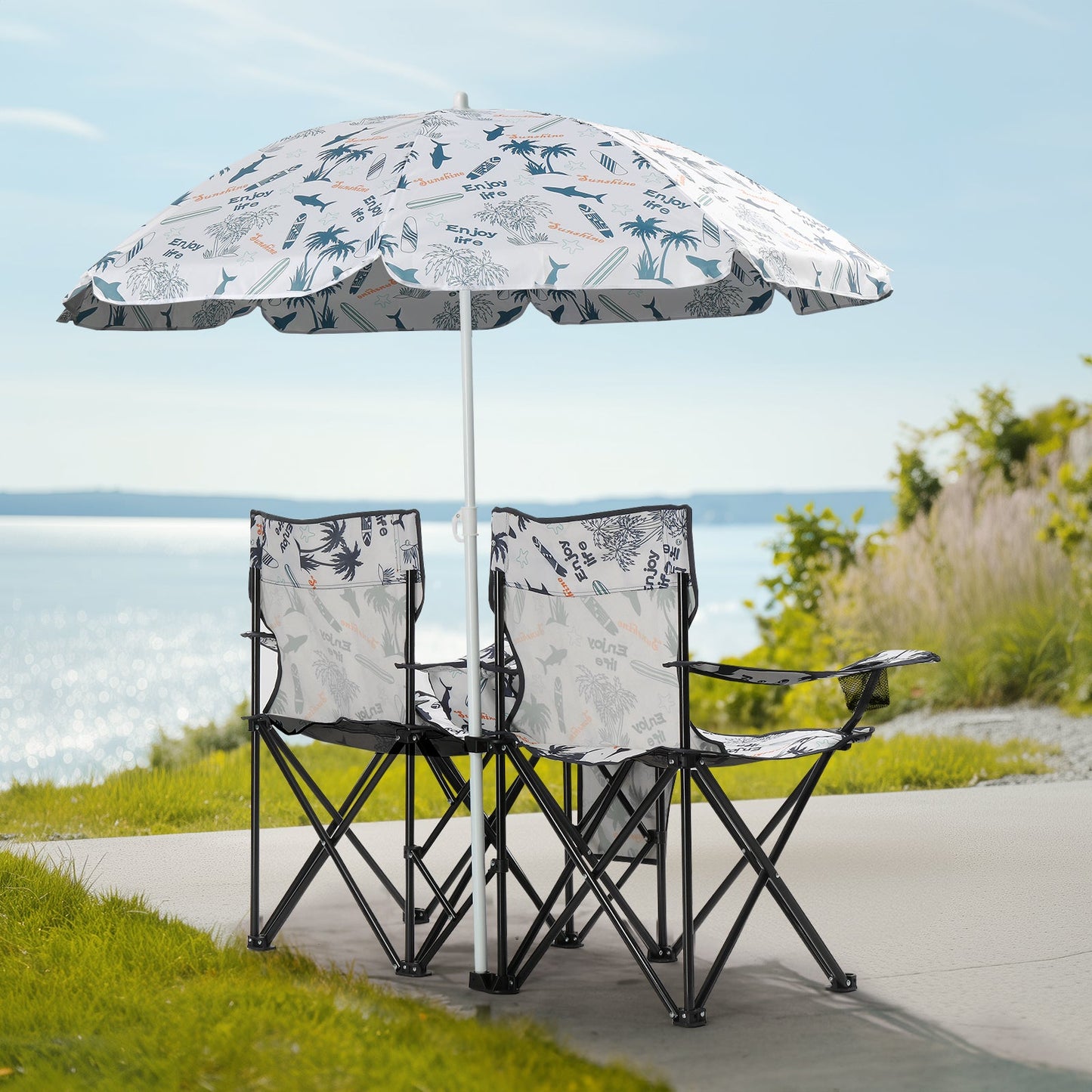 59x19.6x31in. Coconut Tree Pattern. Fishing Chair With Parasol. Camping Chairs