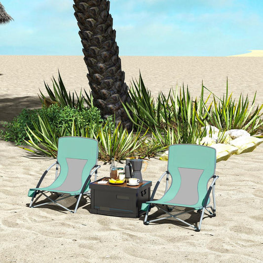Set Of 2 Folding Beach Chairs With Mesh Back. Carry Bag And Cup Holder For Outdoor Camping Lawn Sports Picnic Turquoise