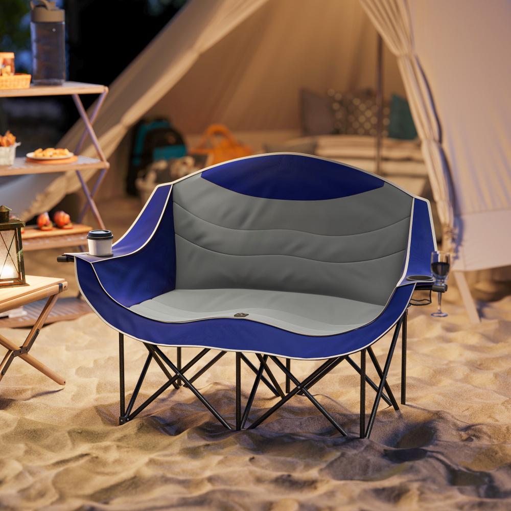 Padded Folding Camp Chair For Adults. Double Camping Chair With Armrests. Cup Holders. Carry Bag For Outdoor. Blue