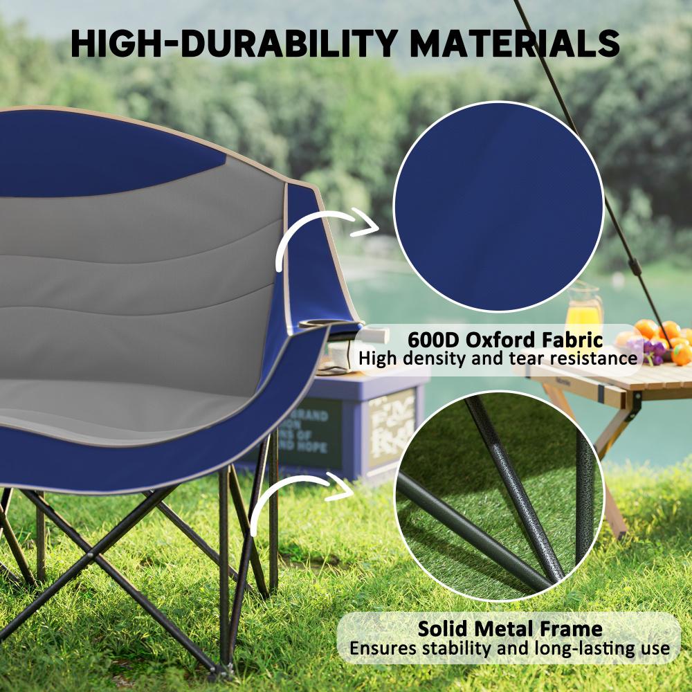 Padded Folding Camp Chair For Adults. Double Camping Chair With Armrests. Cup Holders. Carry Bag For Outdoor. Blue