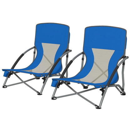 Set Of 2 Folding Beach Chairs With Mesh Back. Carry Bag And Cup Holder For Outdoor Camping Lawn Sports Picnic Dark Blue
