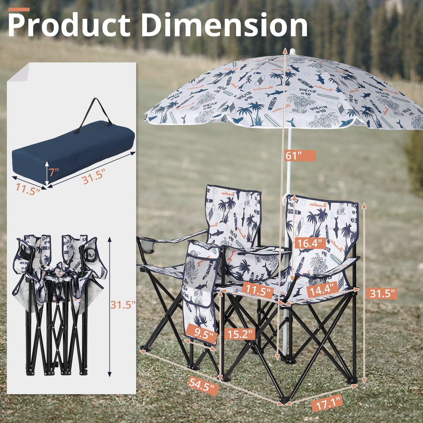 59x19.6x31in. Coconut Tree Pattern. Fishing Chair With Parasol. Camping Chairs