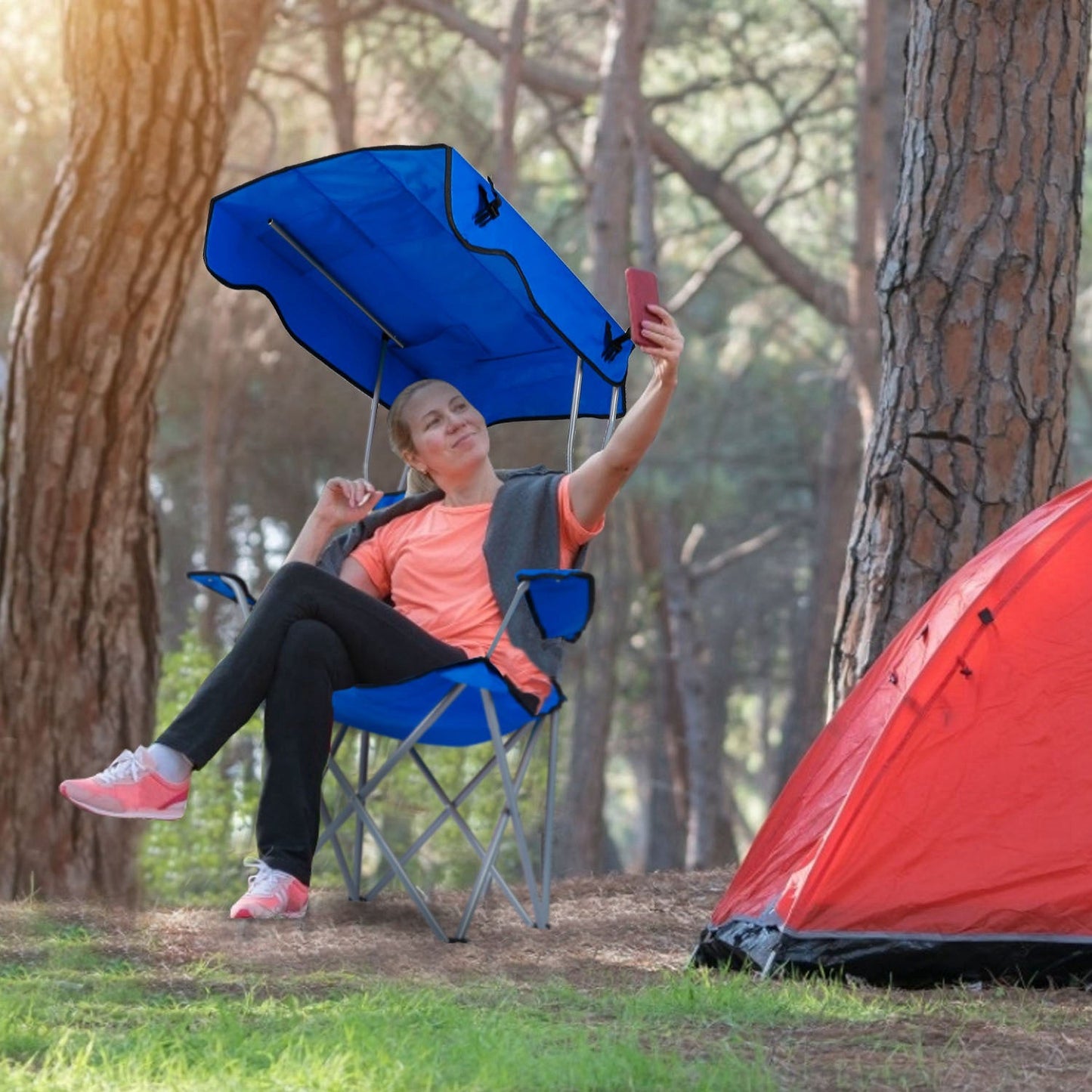 1Pc Foldable Camping Chair With Canopy Cup Holder 330LBS Max Load Folded As A Carry Bag Fedex Shipping