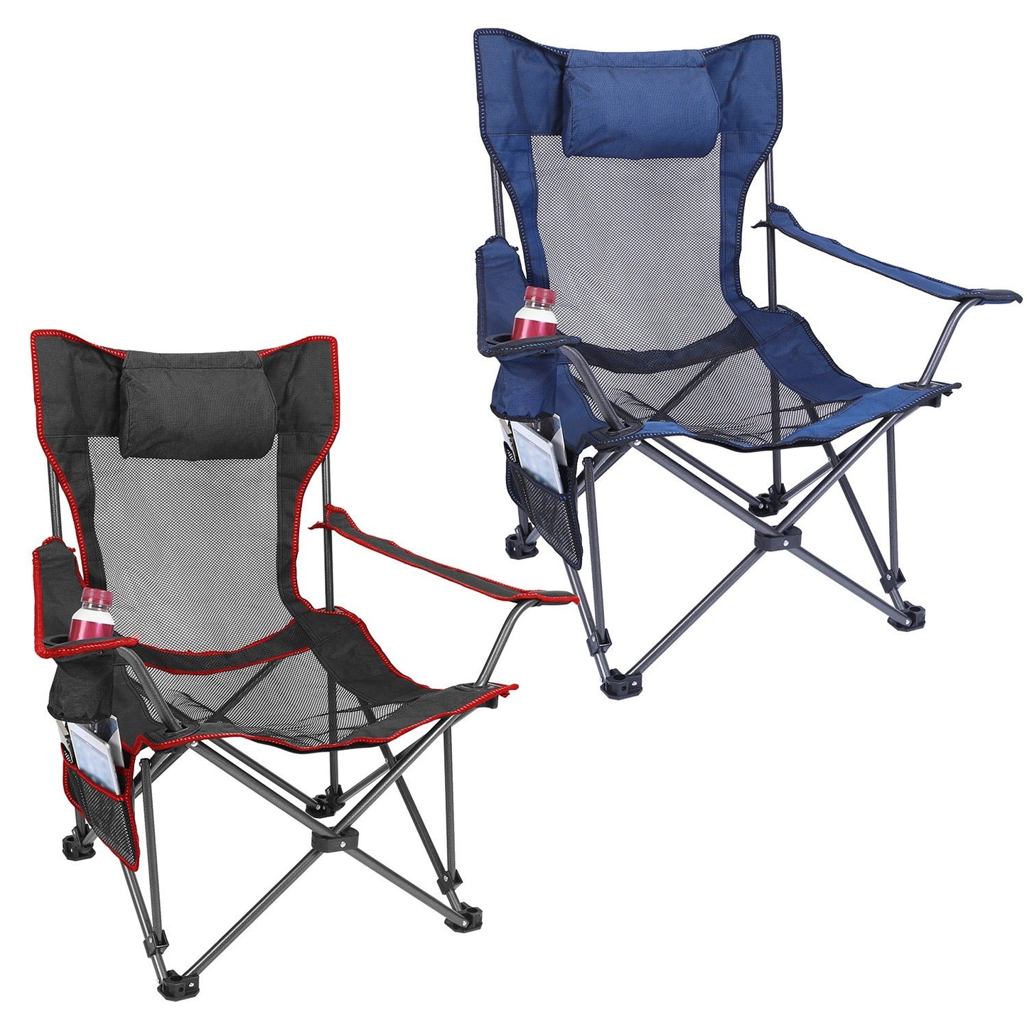 1Pc Foldable Camping Chair 330LBS Load Heavy Duty Steel Lawn Chair Collapsible Chair With Reclining Backrest Angle Cup Holder Pillow Side Pocket Carry Bag