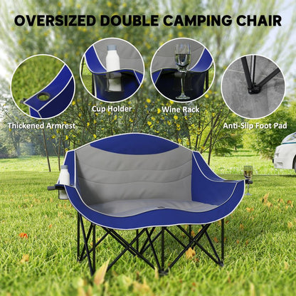 Padded Folding Camp Chair For Adults. Double Camping Chair With Armrests. Cup Holders. Carry Bag For Outdoor. Blue